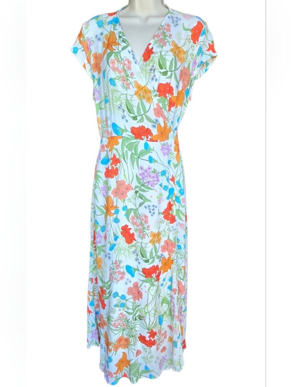 & Other Stories Cream Floral Wrap Dress with Green and Orange Accents Size 10EUC